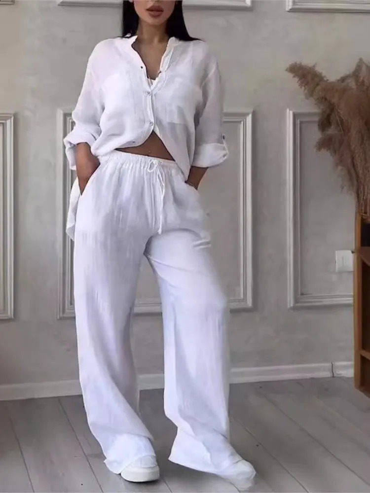 Cotton Linen Shirt Pants 2 Piece Set For Women 2024 Spring Autumn Long Sleeve Blouse Wide Leg Solid Suits Female Casual Outfits 240926