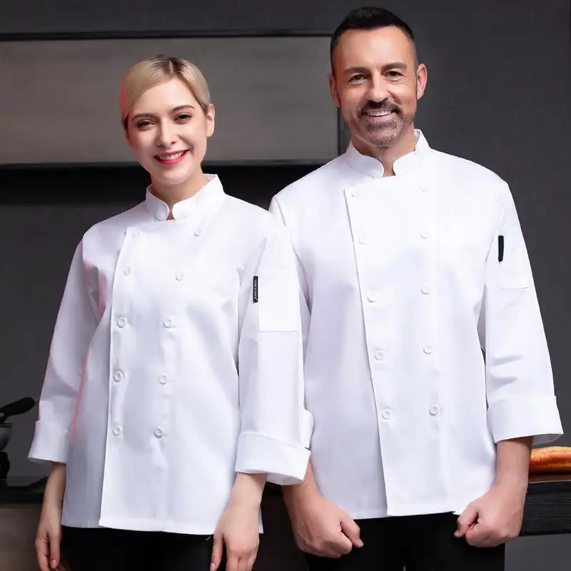 Light Blue Chef Jacket Restaurant Kitchen Uniform Canteen Double breasted Chef Long sleeved Mens and Womens Waiting Work Clothes 240926