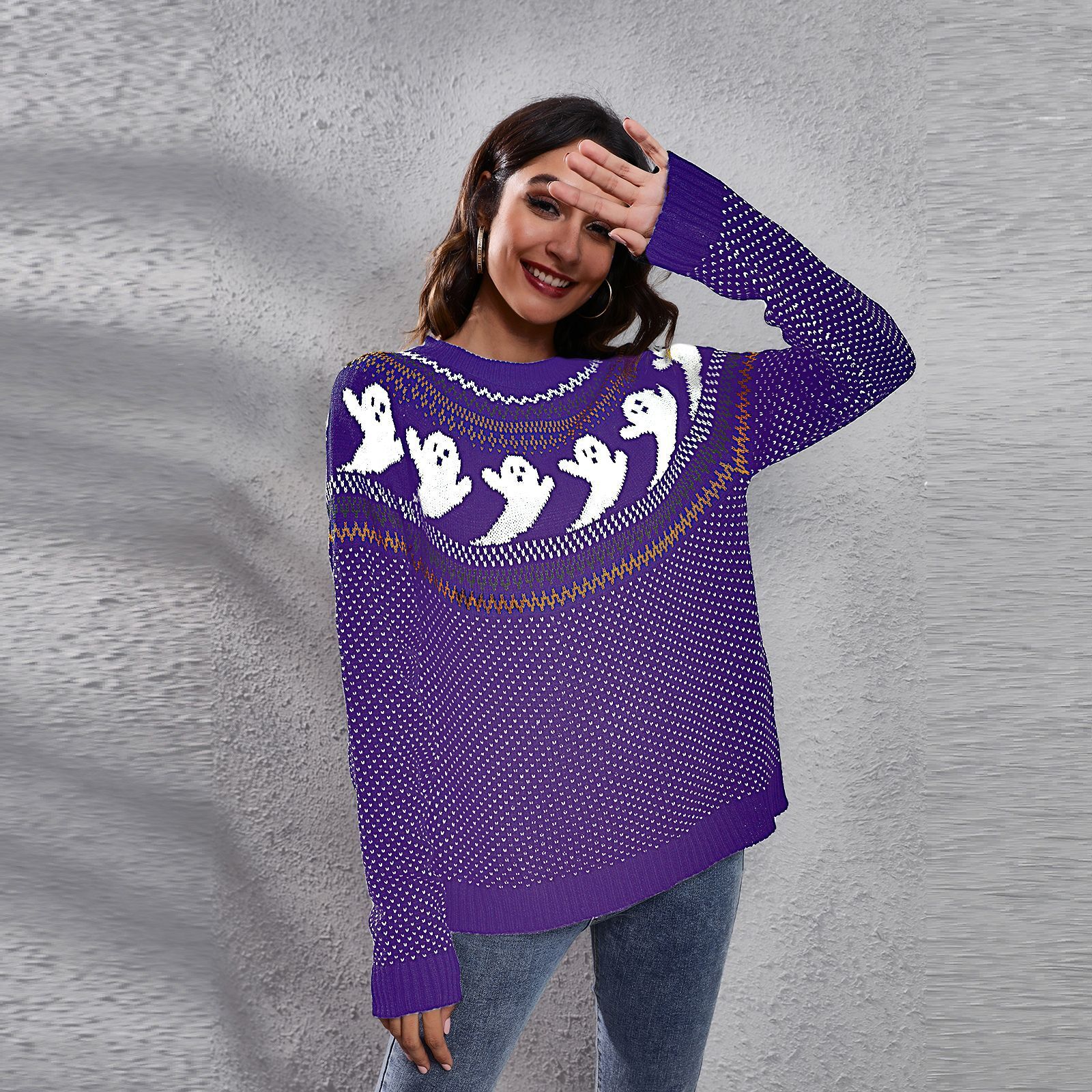 Autumn Winter Women's Knitted Round Neck Pullover Halloween Ghost Retro Polka Dot Loose Long-sleeved Sweater