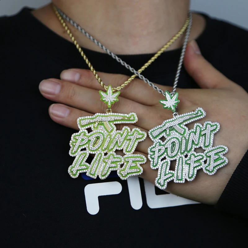 Iced Out Bling Hip Hop CZ Letter Point Life Pendant Necklace Zircon Fluorescenc AK47 Guns Charm Men Jewelry 240918