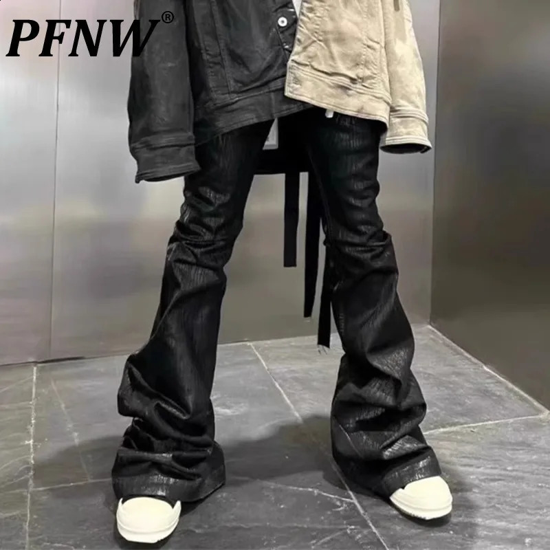 PFNW black style coated waxed ribbon mens jeans punk street floor length weight loss fashion pants autumn Trousers 28W4556 240925