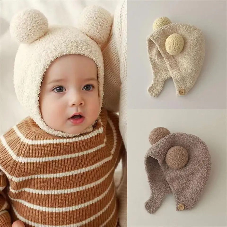 Cute baby hat soft fluffy girl boy Beanie solid winter childrens knitted warm ear protection 024M 240925