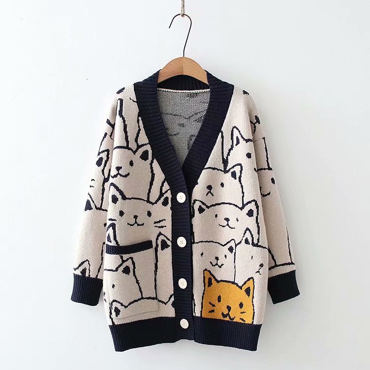 Designer women's clothing autumn and winter loose cardigan women's 2024 V-neck cartoon pattern cute sweet sweater casual knitwear