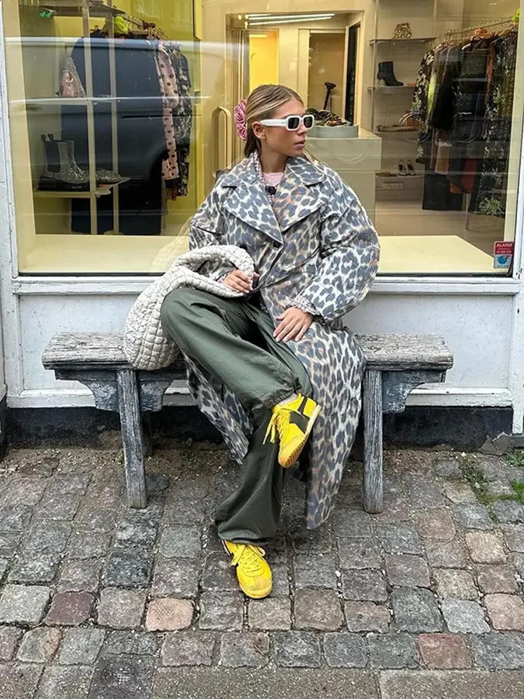 Vintage Leopard Print Single Breasted Long Overcoats Lapel Full Sleeve Pocket Loose Windbreak Coat Fashion Lady Commute Outwear 240918