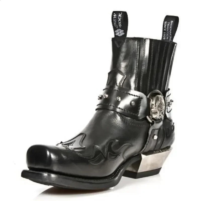 Black cool style mens boots with rivets crystal decorations buckle straps toe leather highquality shoes atillas MUJI 241028