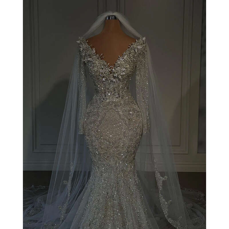 Gorgeous Dress Mermaid Chart V Neck Beading Lace Long Sleeves Illusion Wedding Dresses Bridal Gowns Sweep Train Designer Robe De Mariage Sleees Es 021