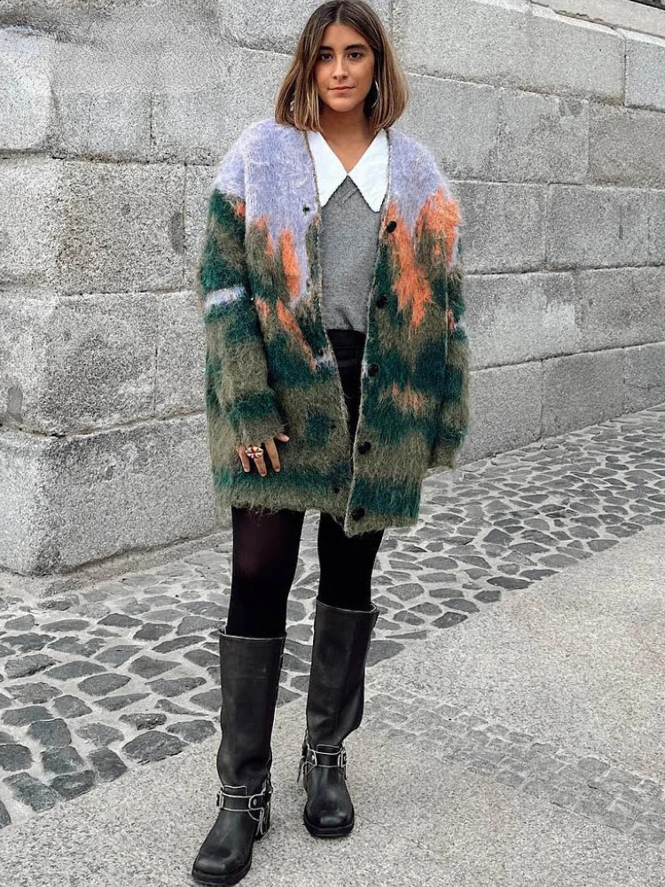 ZBZA Knitted Printed Cardigan Loose Colorful Vneck Vintage Landscape Pattern Single Breasted Sweater Autumn Female Chic Outwear 240919