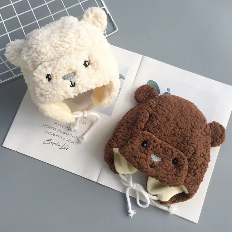 Cute bear baby earmuffs cashmere winter warmth born beanie hat outdoor toddlers boys girls warm 240925