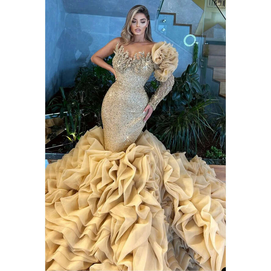 Mermaid Champagne Sequins Dress Cascading Ruffles Shiny Beads Bride Dresses Robe De Mariee Bridal Evening Gowns