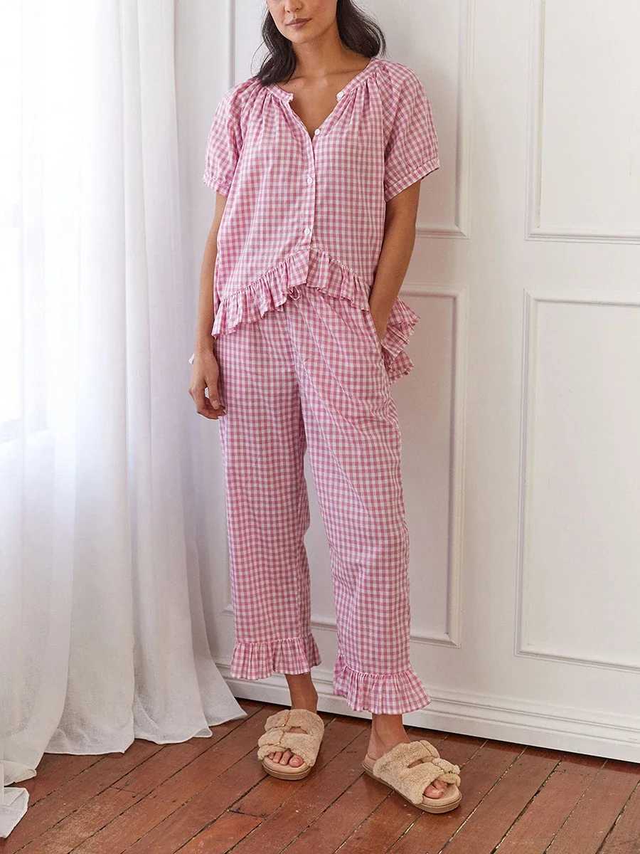 Womens 2 Piece Pajama Set Short Sleeve Plaid Print Button Up Shirt + Ruffle Pants Set Sleepwear Loungewear M240925