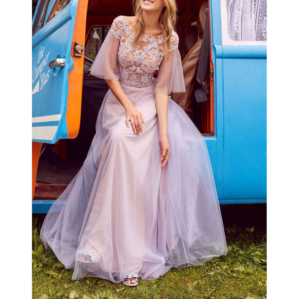 A-E Ful Evening O-Neck Appliques Lace Half Sleeve Or-Length Prom Gown Party Dress Vestido De Noite Custom Made