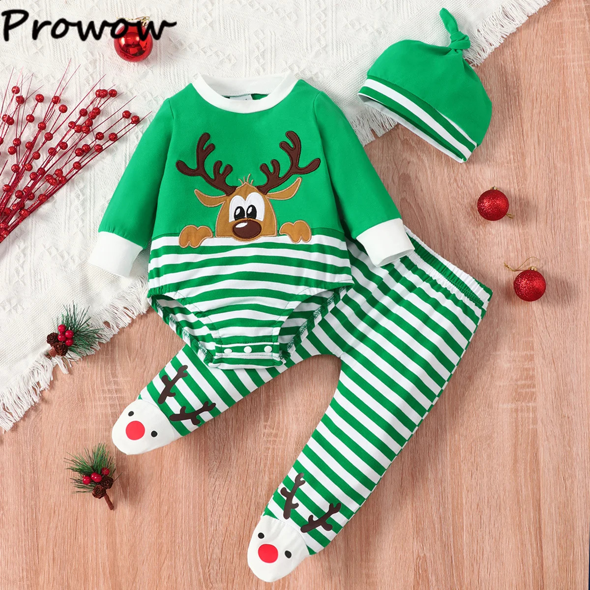 Prowow Baby Christmas Set Cartoon Deer Tight and Striped PantsChristmas Hat My First Costume for Boys Girls 240925