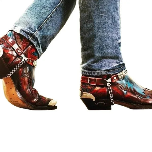 Chunky Heel Western Cowboy Men Boots Color Block Buckle Biker Botines Embroidered Chain Large Pointed Toe Mid-Calf Botas 240921