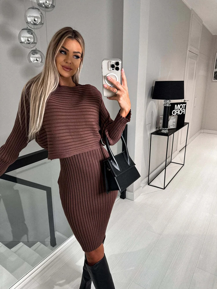 Fashion Long Sleeve Knitted Sweater And Dress Two Piece Sets For Women 2023 Autumn Winter Outfits Warm Sexy Bodycon Drsses 240926