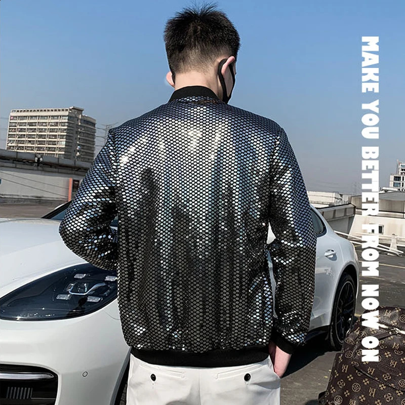 Fine Fashion Sequin Casual Mens Slim Jacket Lightweight Standup Collar Coat Bomber 240924