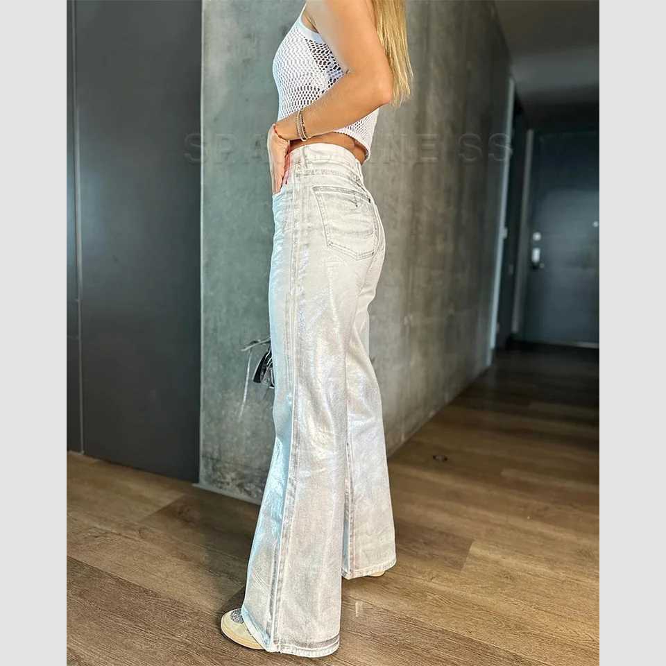 Metallic Y2K Advanced Sense Coating Casual Wide-leg Jeans Female Straight Jeans Loose Hip-hop Streetwear Oversize Denim TrousersX240923