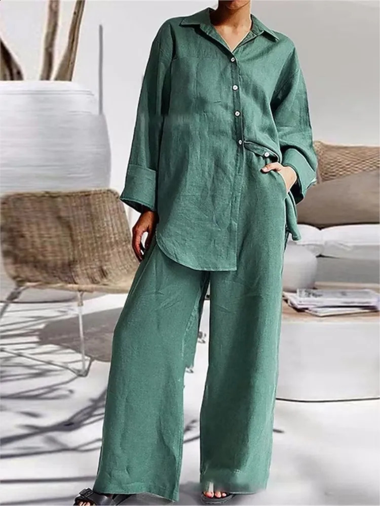 Autumn Long Pant Sets Cotton Linen Women Casual Style Solid Color Loose Wide Legs Pants Two Piece Set Clothing Ladies 240926