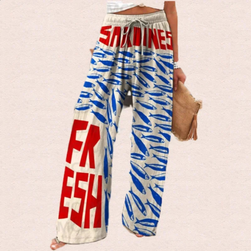Summer Womens Vintage Fish sardine Art Print Linen Casual Pants Long Sleeve Shirt Lapels Tights 240918