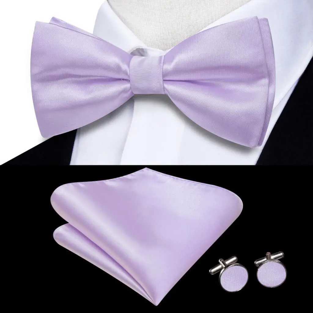Hi tie solid lilac mens bow Hankerchief cufflinks pre tied silk bow M business party set Y240925