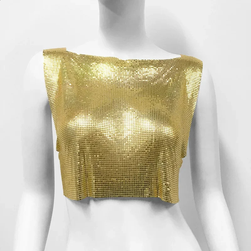 Summer Womens Sexy Metallic Sequin Tank Top Sleeveless Round Neck Crop Top Nightclub Camisole Rave Party 240926