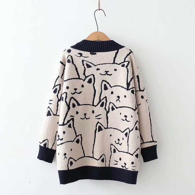 Designer women's clothing autumn and winter loose cardigan women's 2024 V-neck cartoon pattern cute sweet sweater casual knitwear