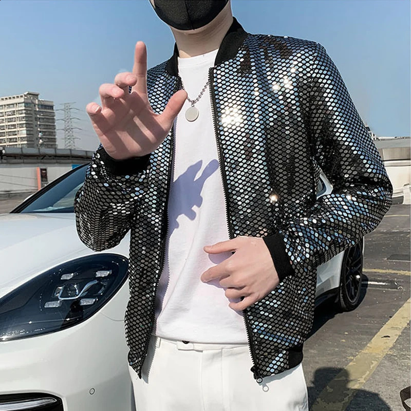 Fine Fashion Sequin Casual Mens Slim Jacket Lightweight Standup Collar Coat Bomber 240924