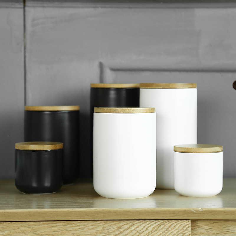 Simple Black And White Ceramic Sealed Seasoning Miscellaneous Grain Coffee Beans Tea Can Storage Jar Kitchen Food Savers Stay Fresh Box