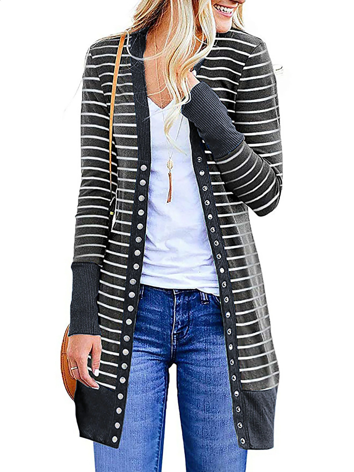 AutumnWinter 2024 Europe and the United States plus size womens fashion long button striped cardigan coat 240919