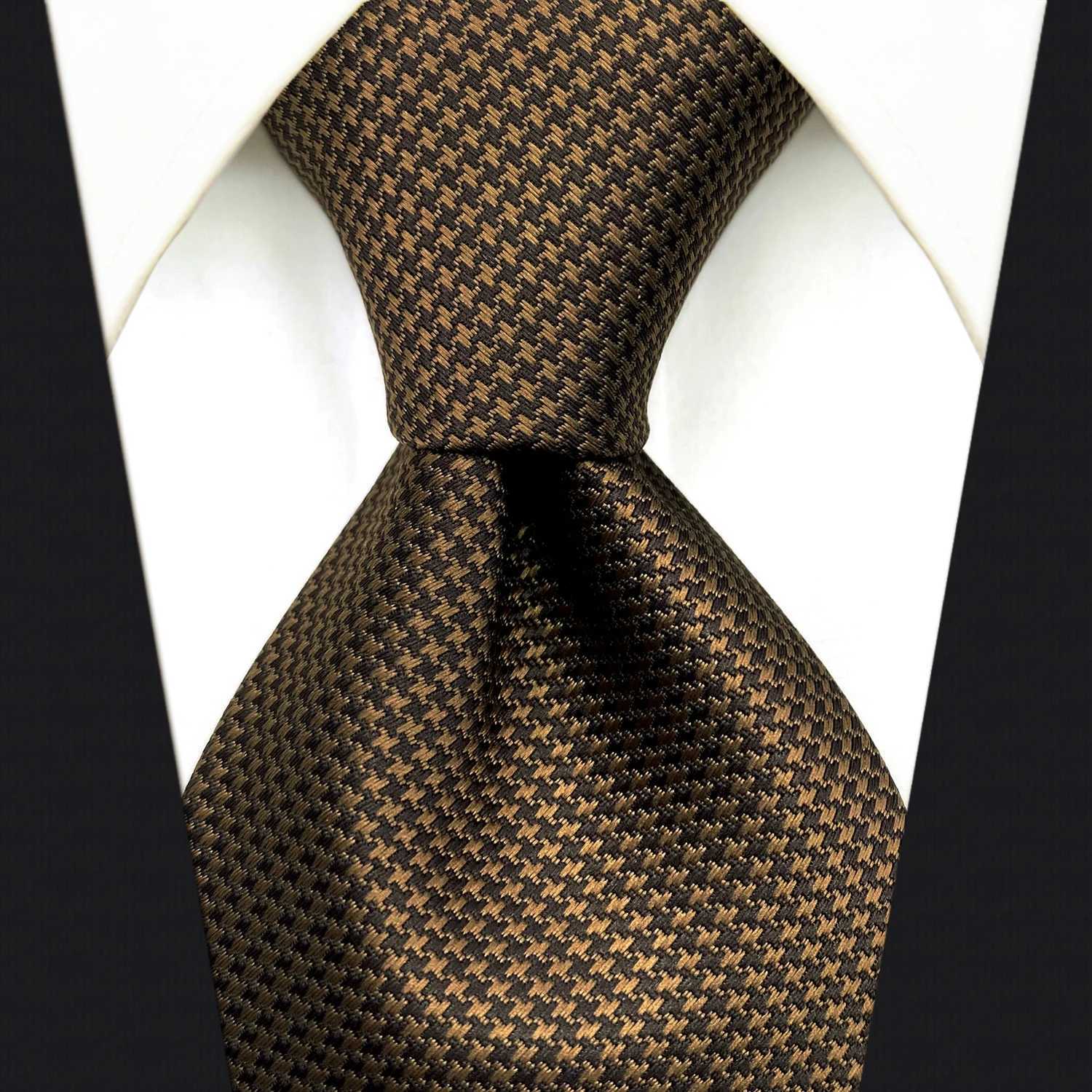 7 Brown Houndstooth Necktie Set Handmade Wedding Fashion Extra Long Size Classic Ties for Mens Hanky X2504071
