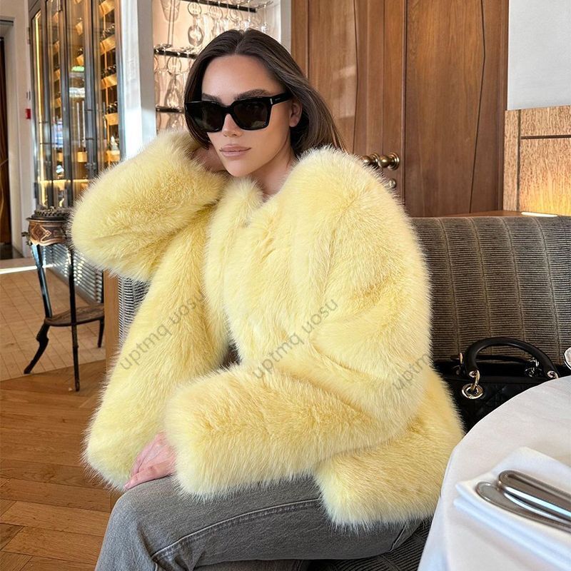 Short Yellow Fox Faux Fur Jacket Winter Coat Women Thick Warm Cozy Fuzzy Vibe Streetwear Stunning Iconic Fashion Parka Outwear