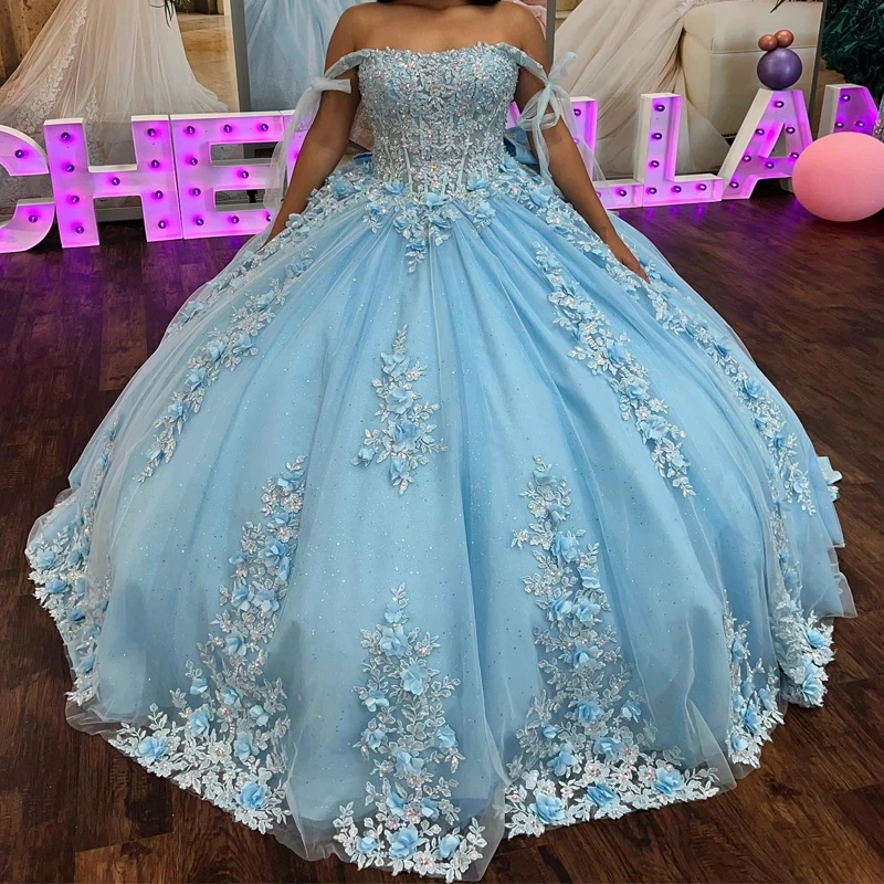 Mexican Sky Blue Quinceanera Dresses Ball Gown Lace Appliques Beads Bow Tull Sweet 16 Dress Princess Lace Up Vestido De 15 Anos