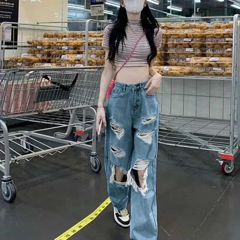 American Vintage Hole Y2k Women Jeans High Waist Jeans Wide Leg Baggy Loose Straight Hip Hop Streetwear Dragging Denim PantsX2409