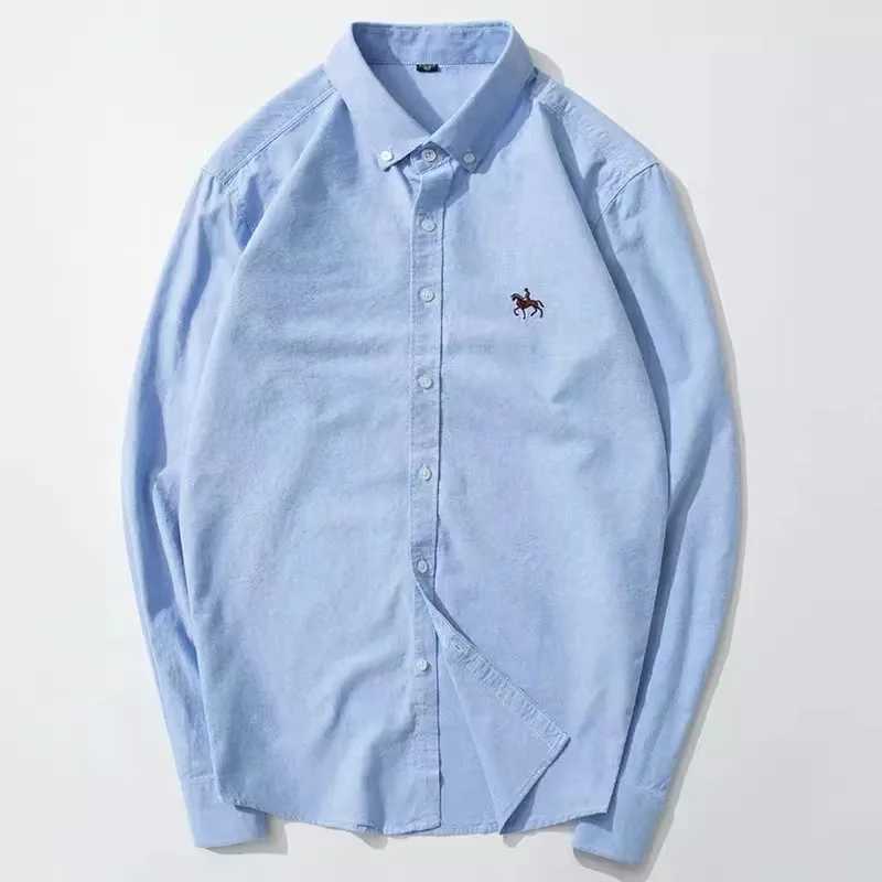 100% pure cotton Oxford mens long sleeved embroidered horse casual no pocket solid color dress mens plus size S-6XL X250329