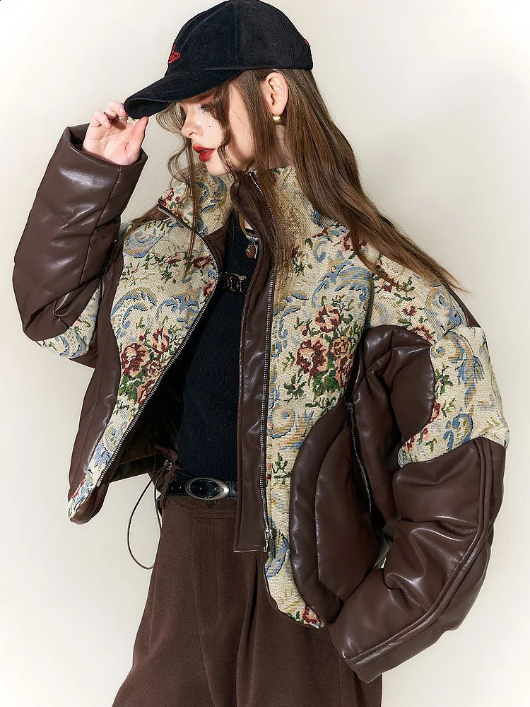 Winter Vintage Coat Womens Winter PU leather Parka Waterproof Embroidered Jacquard Jacket down Thick Warm Outerwear 240918