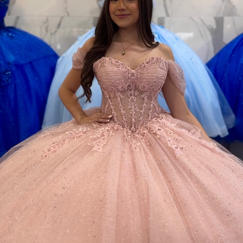 Pink Shiny Princess Quinceanera Dresses Ball Gown Off The Shoulder Lace Beads Tull Corset Sweet 16 Dress Vestidos 15 De XV Anos