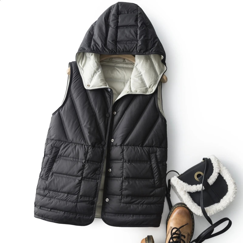 Janveny womens ultra light white duck down vest sleeveless jacket hooded high-quality double-sided foam gold-plated womens vest 240925