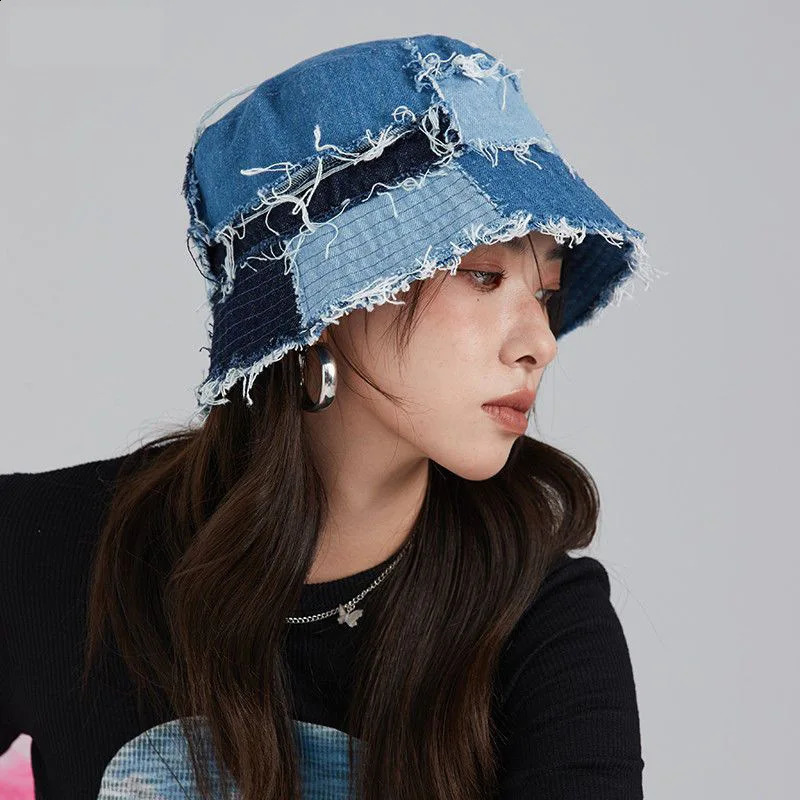Japanese niche er bucket hat showcases small retro beggar style patchwork comparison with colorful denim basin hat 240924