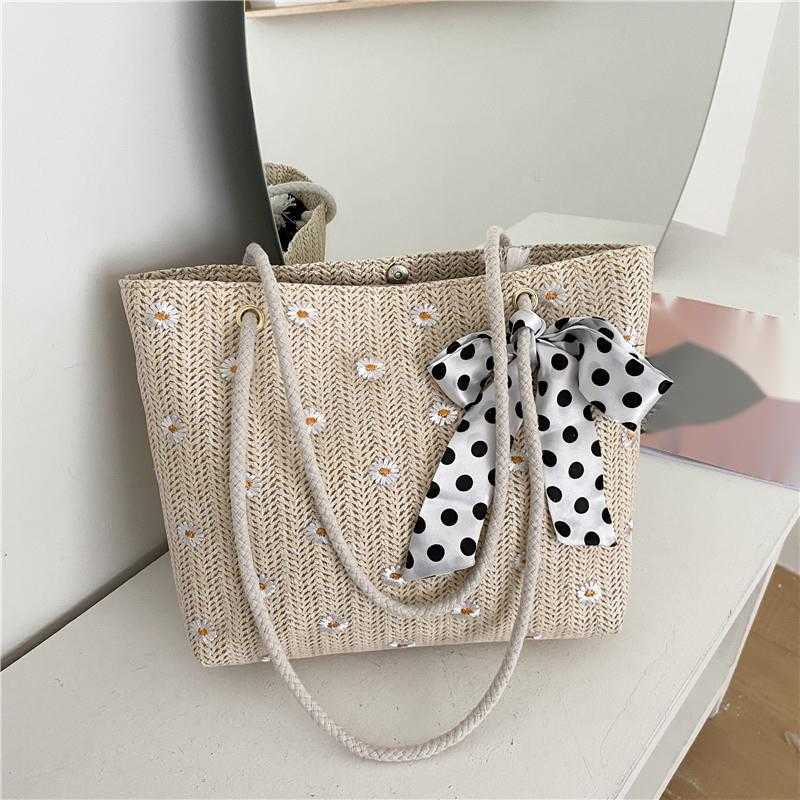 CMM Straw Bag Womens New Summer Fresh Simple Flower Woven Beach Bag Fashion One Shoulder Tote Womens Bag