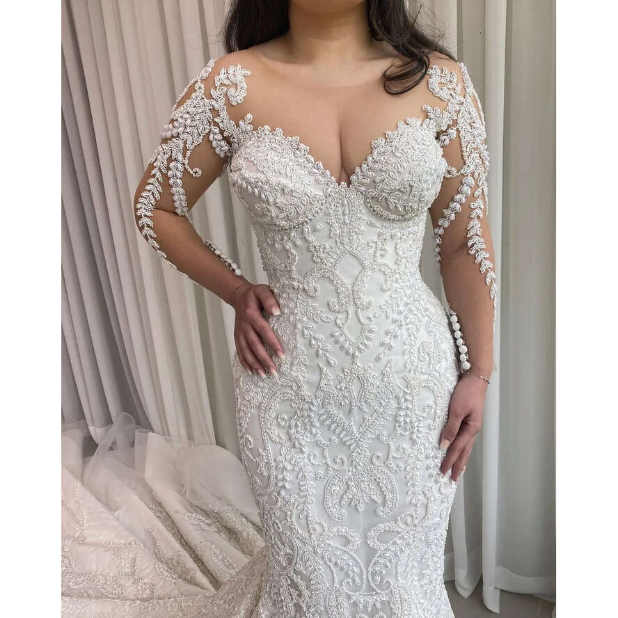 Wedding Lace Vintage Mermaid Dress 2024 Full Sleeve Jewel Neck Sexy Backless Boho Dresses Bridal Gowns Robe De Mariage Vestido Novia