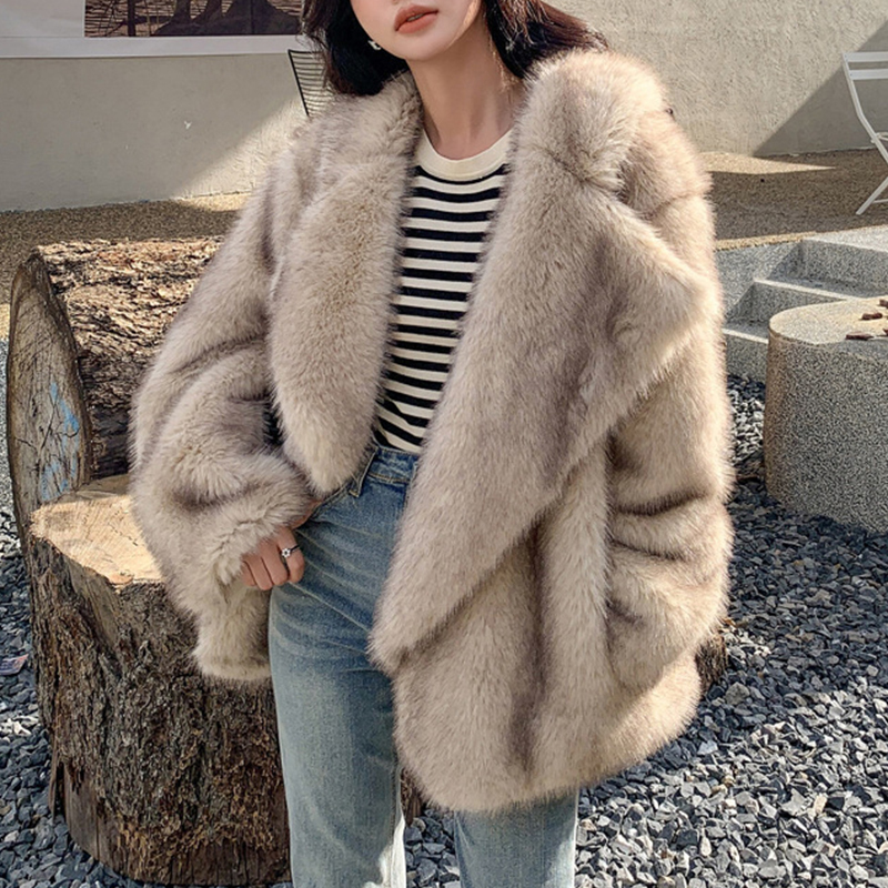 Oversized Lapel Fluffy Coat Women Winter Warm Solid Faux Fur Jacket Long Brand Loose Party Outwear Fashion Clothes