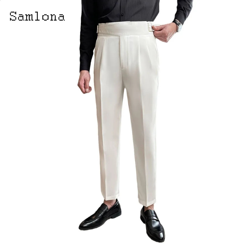 Men Elegant Buckle Up Suits Pants Solid White AnkleLength Trouser Plus Size Mens Stand Pocket Suit Formal Party Wedding 240925