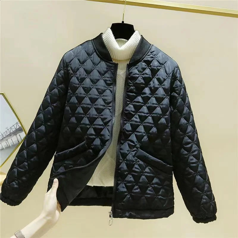 Spring Autumn Stand-up Collar Baseball Clothes Diamond Shaped Checkered Cotton Clothes Women Short Retro Loose Small Jacket 240914