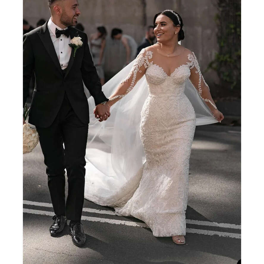 Wedding Lace Vintage Mermaid Dress 2024 Full Sleeve Jewel Neck Sexy Backless Boho Dresses Bridal Gowns Robe De Mariage Vestido Novia