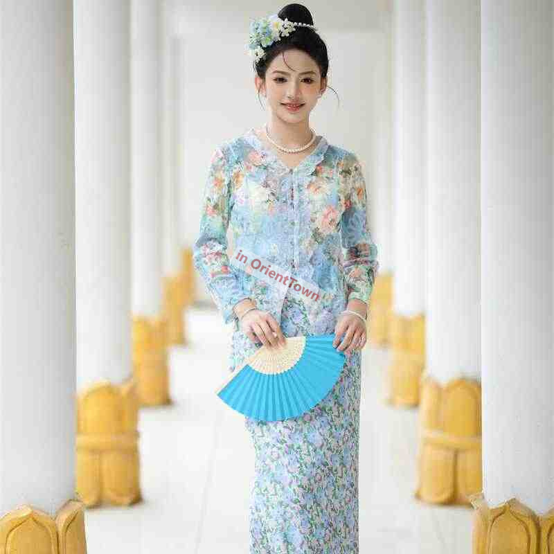 Singapore Little Nyonya Same Style Clothing Women Blue Floral Ethnic Travel Photography Dress Southeast Asian Trend Dai Top + Dress