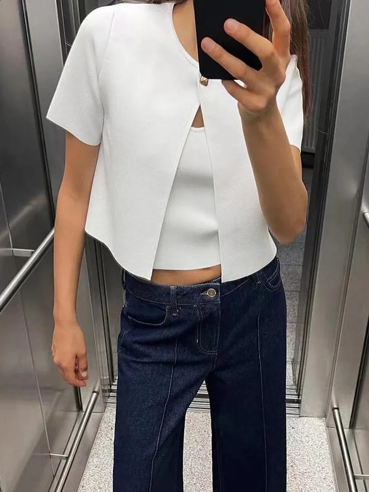 SIYANG thin knitted womens cardigan jacket Traf autumn short sleeved metal button sweater jacket womens crop top Y2K jacket 240926