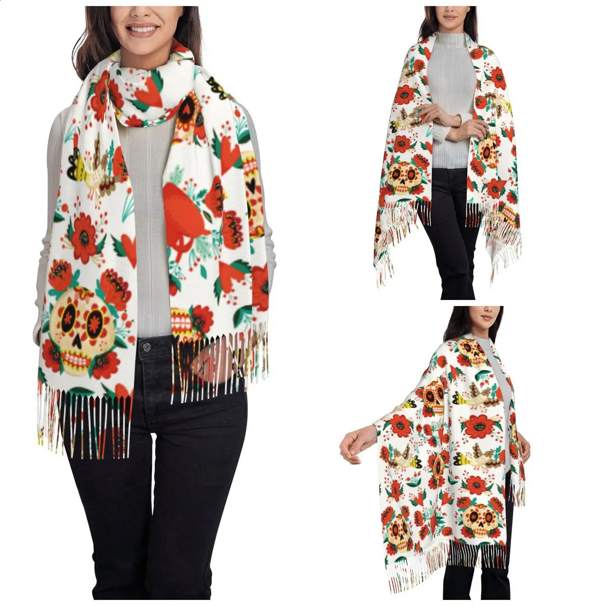 Womens Tassel Scarf Sugar Skull Halloween Mexican Long Winter Warm Shawl and Wrap Folk Style Reversible Pashmina Scarves 240914