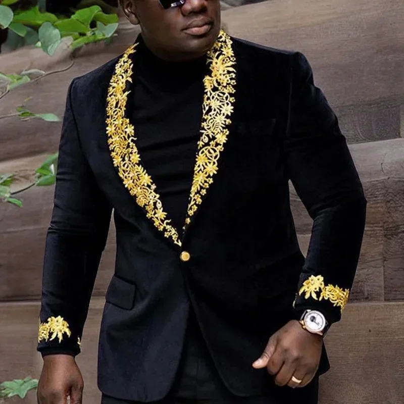 Floral African Blazer for Men Slim Fit Party Black Velvet Smoking Men Suit Jacket 1 Piece Male Fashion Costume 2024