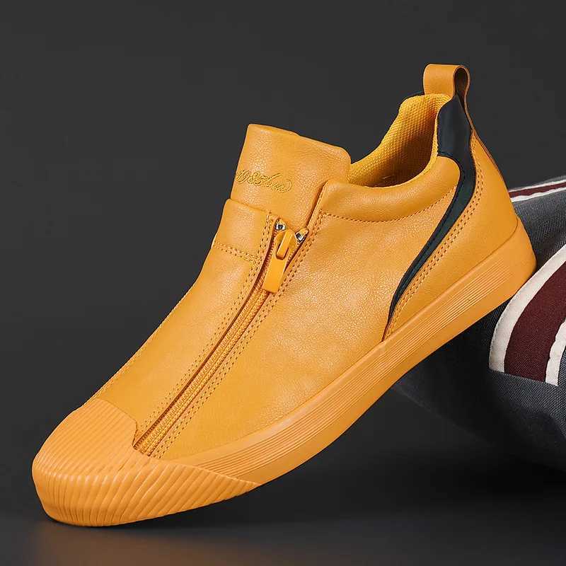 Winter Men Leather Casual Shoes Fashion Double Zipper High Tops Flat Shoes Slip on Plush Male Sneakers Loafers Tenis Masculino M240925