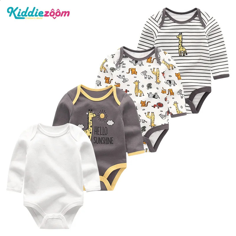 Neutral cotton baby girls clothing set 4piece long sleeved born boys printed tight fitting solid color Anmian 240925