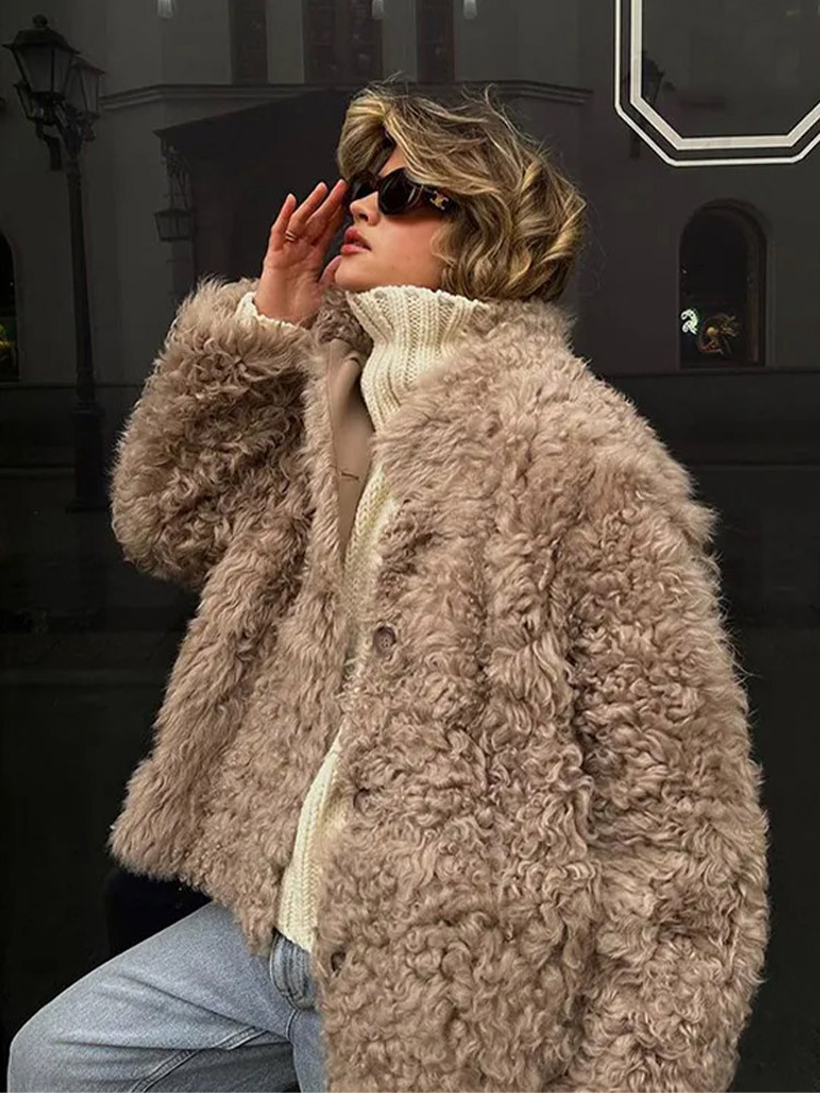 Retro Fluffy Faux Fur Coat Women Casual Single-Breasted Lapel Khaki Jacket Coats Female Autumn Warm Loose Chic Street Outwear